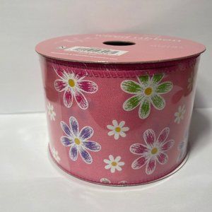 Wired Ribbon Daisy Pink Green 2.5" 25'